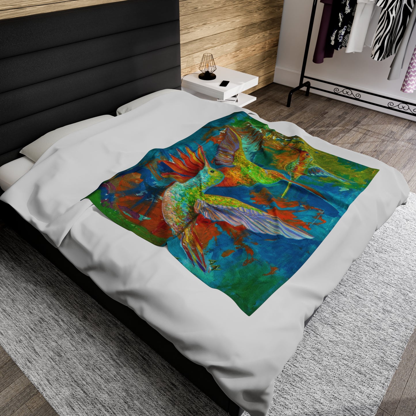 Blue Hummingbird Velveteen Plush Blanket