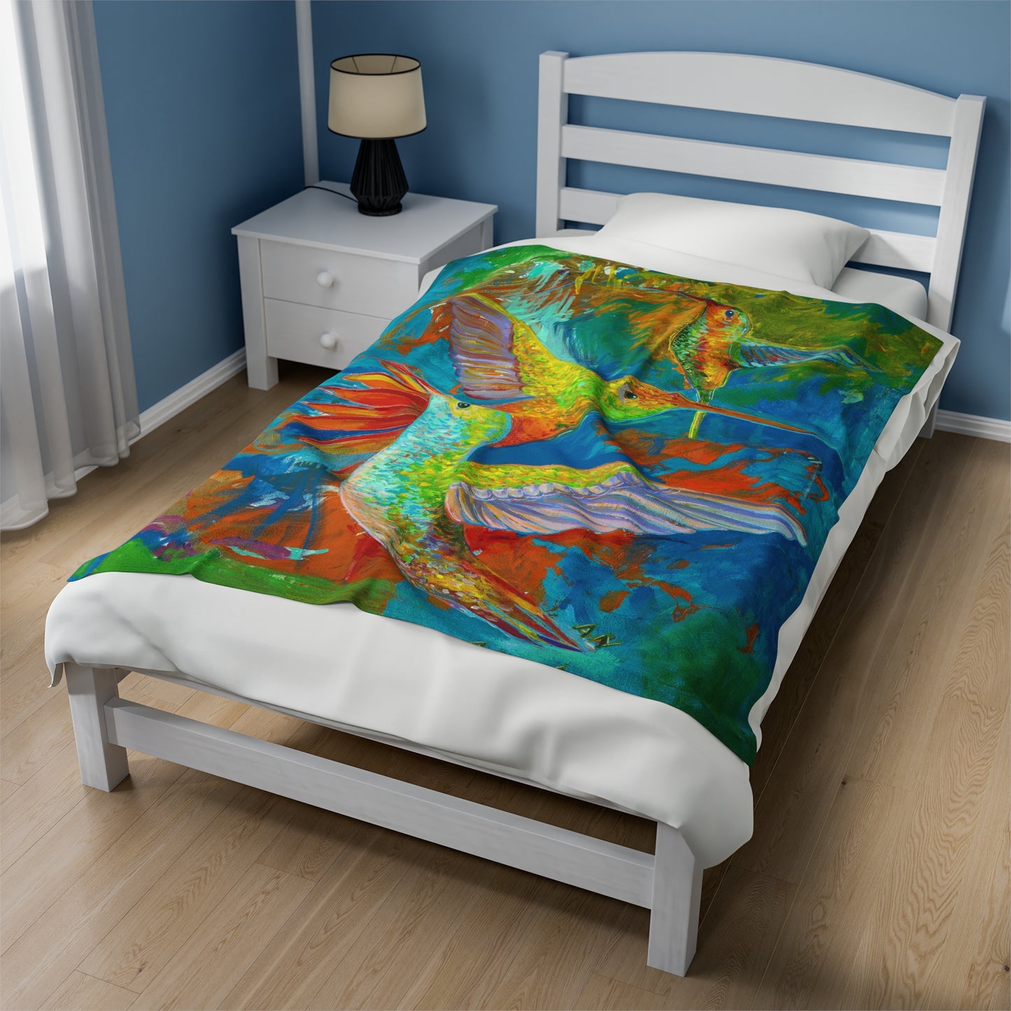 Blue Hummingbird Velveteen Plush Blanket