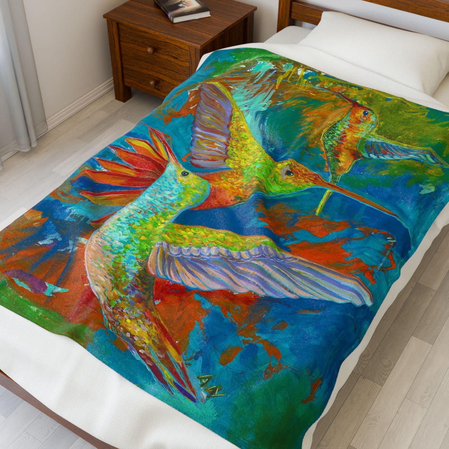 Blue Hummingbird Velveteen Plush Blanket